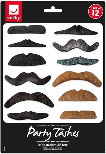 Smiffys Party Tashes, Assorted Designs & Colours, 12Pk, Self Adhesive, Cosmetics and Disguises Fancy Dress, Adult Dress Up Cosmetics & Disguises.