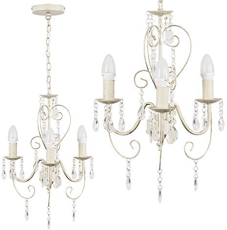 MiniSun | Cream Ornate 3 Way Ceiling Light Chandelier with Beautiful Acrylic Jewels | Chandelier, Home Décor Essential | Includes 4W LED E14 Light Bulb with 3000K Colour Temperature | Mains Wired