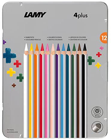 LAMY 4plus Farbstifte 525 12er-Set: Metallbox mit 12 Farbstiften aus hochwertigem Zedernholz mit ergonomischer Dreieckform und hoher Farbbrillanz – Superdicke Mine Ø 6,25 mm