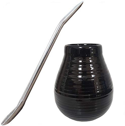 Gaucho Bruno – Mate de Cerámica y Bombilla, Pajita Acero Inoxidable - Conjunto Reutilizable para Mate Argentino – Antideslizante y Fácil de Limpiar – 400ml - Negro