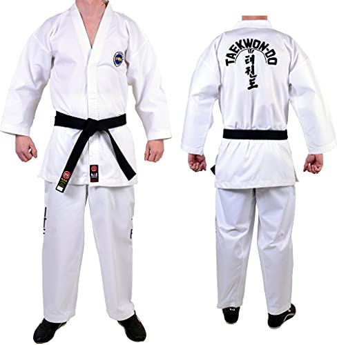 MAR | Taekwondo ITF White Uniform Suit Sparring Gear Unisex Kids & Adult Martial Arts ITF Gi Student Suit Gear Polycotton Medium Weight 8oz Fabric + FREE BELT (000/110)
