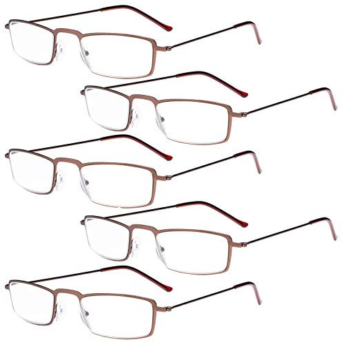 Eyekepper 5-Pack Straight Thin Stamped Metal Frame Half-Eye Style Reading Glasses Readers Brown +1.5