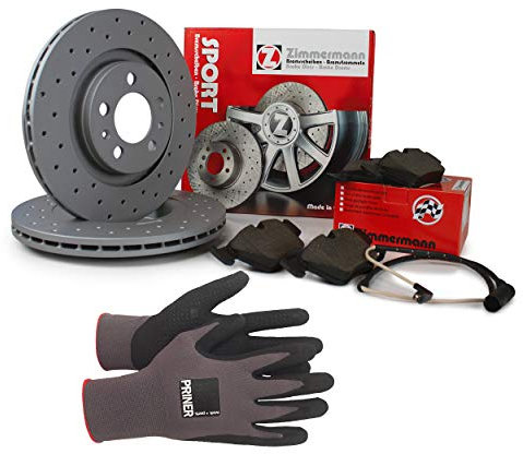 Inspektionspaket Zimmermann Sport Bremsen Set inkl. Sport Bremsscheiben und Bremsbeläge + Warnkontakte für vorne Ø300 enthalten, 100% passend für Ihr Fahrzeug, inkl. Priner Montagehandschuhe, AN199