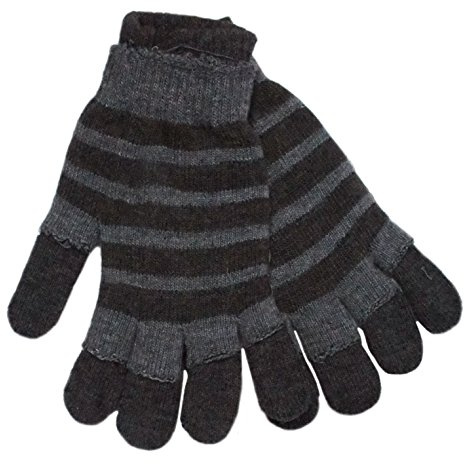 Pierre Roche Mens Two in One Cold Weather Winter Acrylic Magic Gloves Striped Grey - Charcoal
