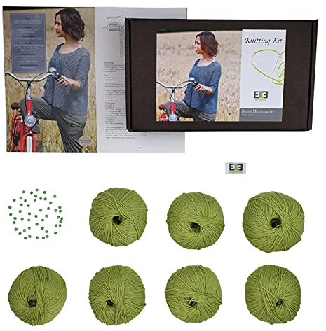 DesignEtte Strickset DIY Sommerpulli Butte Montmartre Strickset mit 10 Knäulen reiner Merino Wolle, incl. Perlen + Anleitung für 7 Dänische Strick und 2 Häkel Designs. Größe L/XL Grün.