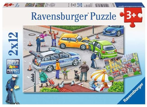 Ravensburger Kinderpuzzle - 07578 Mit Blaulicht unterwegs - Puzzle für Kinder ab 3 Jahre, mit 2x12 Teilen