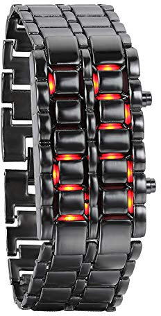 JewelryWe Vatertagsgeschenk Herren Armbanduhr, Rot LED Digitaluhr Uhr Sportuhr Schwarz Armband Unisex Samurai Watch