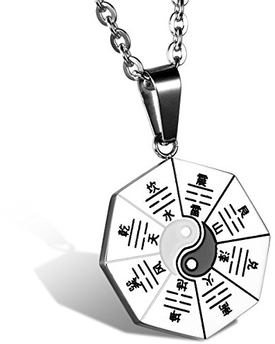 JewelryWe Schmuck Herren Damen Halskette, Edelstahl Tai Chi Yin und Yang Anhänger mit 55cm Kette, Weiß Grau Schwarz, kostenlos Gravur