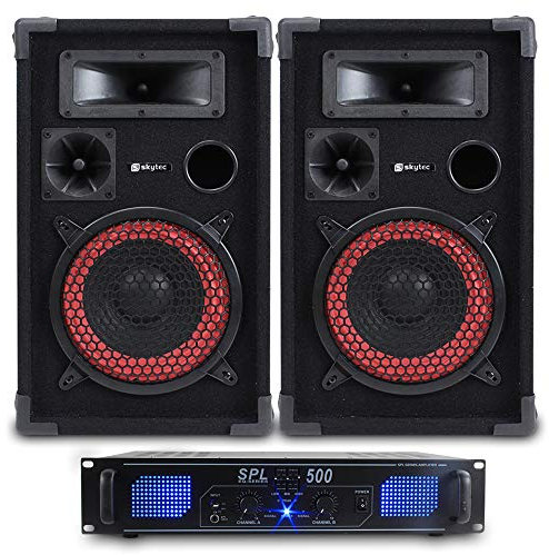 Max 8 Passive DJ PA Speakers Pair & Skytec SPL500 500W Amplifier Audio System with Speaker Cable Set – Home Disco Party Kit