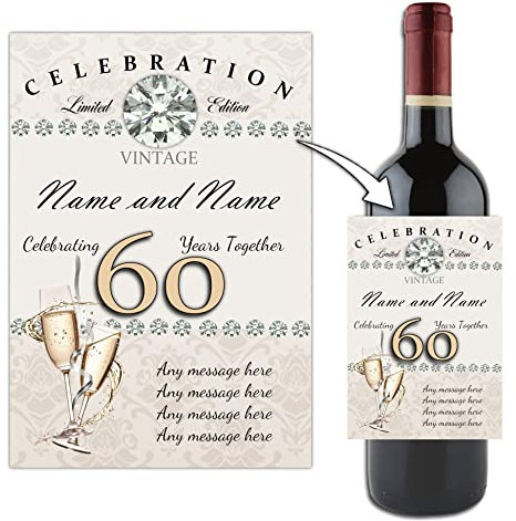 Personalised 60th Diamond Wedding Anniversary Wine Champagne Bottle Label ~ Gift Idea N58