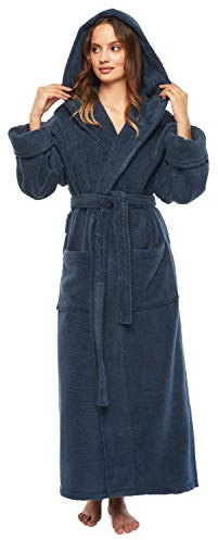 Arus Damen-Bademantel aus türkischer Baumwolle mit Kapuze, weich, lang, lang, Marineblau, Medium