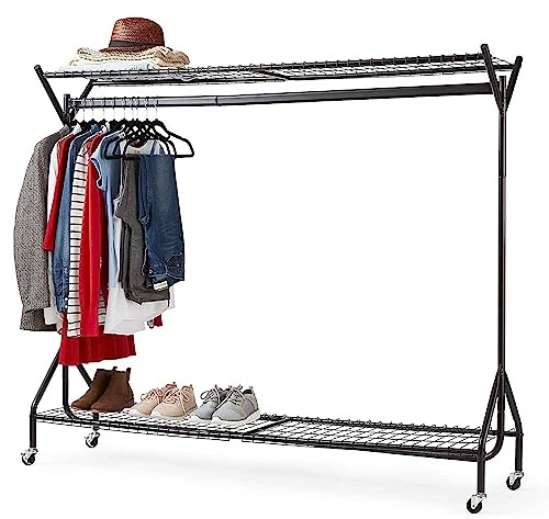 House of Home Clothes Rail Heavy Duty with Wheels Metal Wardrobe Rails For Hanging Clothing & Double Rack Shelves Storage & Organiser for Shirts, Coats, Hat & Shoes 6ft x 5ft Portable Black