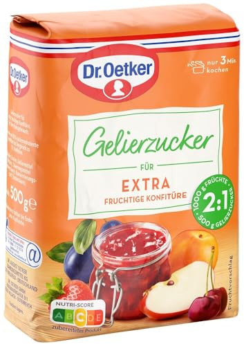 Dr. Oetker Gelierzucker Extra 2:1, 500 g, fertiger Gelierzucker, zum Selbermachen von Konfitüren, Marmeladen & Gelees, für extra Fruchtigkeit & weniger Süße, vegan