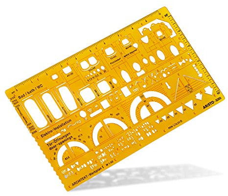 Aristo AR5060 Architektur Kombi Schablone 1 (1:50, Symbole für Grundrissdarstellung, Tuschenoppen, formstabiler PET-Kunststoff) orange-transparent