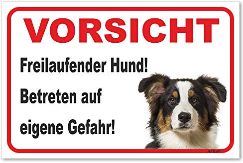 AdriLeo Schild - Vorsicht Australian Shepherd Tri-Color - Freilaufender Hund - (20x30cm) / Aussie Achtung Hund Wachhund robust langlebig UV-beständig wetterfestes Warnschild