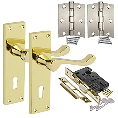Brass Door Handles in Pack with Victorian Scroll Levers on Locking Backplate, Lock & Hinges H751012PB HL1