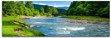 Paul Sinus Art Panoramabild auf Leinwand und Keilrahmen 120x40cm Landschaft Wald Wiese Fluss Himmel