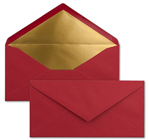 25 Brief-Umschläge DIN Lang - Dunkel-Rot mit Gold-Metallic Innen-Futter - 110 x 220 mm - Nassklebung - festliche Kuverts für Weihnachten