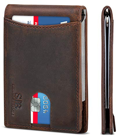 SERMAN BRANDS RFID Blocking Slim Bifold Genuine Leather Minimalist Front Pocket Wallets for Men with Money Clip Thin Mens (Texas Brown 1.0)