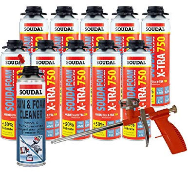 Montageschaum Pistolenschaum 10 x SOUDAL X-TRA 750, Reiniger, Schaumpistole