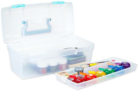 ArtBin 6937AG Essentials Lift-Out Tray Box, Portable Art & Craft Organizer with Handle and Tray, Clear/Aqua
