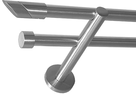 BASIT Gardinenstange Edelstahllook 16mm 2-läufig Wand 140cm lang H22 | Gardinenstangenset doppelläufig Wandmontage Metall Vorhangstange Wandhalterung 120-600cm wählbar Kappe Schräge E13