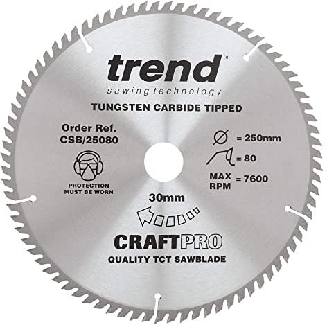 Trend Wood Circular Saw Blade, 250mm Diameter, 30mm Bore, 80 Teeth, 2.8mm Kerf, +5° Hook, TCT, Extra-Fine Finish, CSB/25080