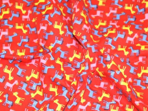 Rot & Mehrfarbig Cartoon Esel Print Kleid Polycotton-Stoff, Meterware