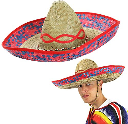 I LOVE FANCY DRESS SOMBREROS MEXICANOS DE PAJA CON PADRON ROJO Y AZUL PARA ADULTOS PERFECTO PARA FIESTAS TEMATICAS (1 UNIDAD)