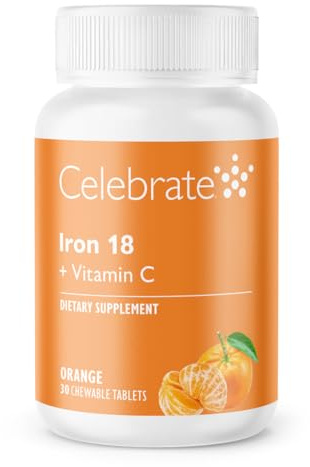 Celebrate Vitamins Fer 18 mg + Vitamine C – Complément Alimentaire Fer – À Mâcher Goût Orange – 30 Comprimés