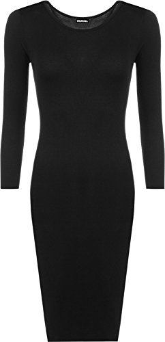 WearAll Womens Plus Size Plain Long Sleeve Bodycon Ladies Stretch Midi Dress - Black - 16-18