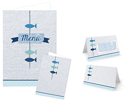 Logbuch-Verlag SET 25 Tischkarten + 10 Menükarten Fische blau türkis weiß Taufe Hochzeit Geburtstag Kommunion Sommer maritim Tischdeko Namensschilder
