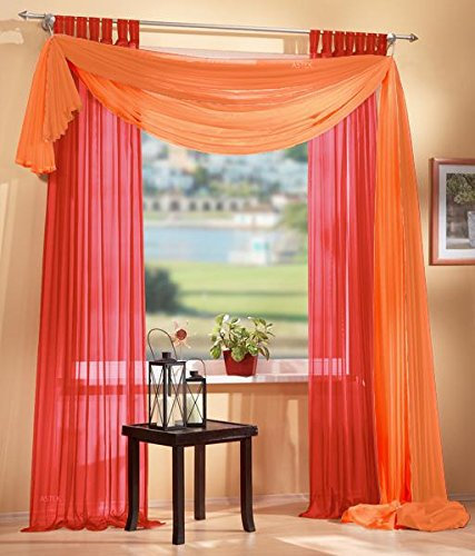 Gardinen Set, 2 x Schlaufenschal Voile, transparent, 245x140, Rot, 1 x Voile Querbehang, Freihanddeko, 140x600, Orange, 61000560