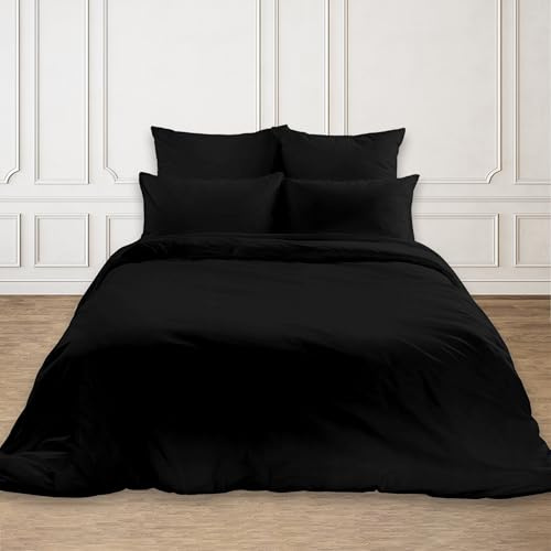Rohi Easy Care plain Super King Duvet Cover set – Soft & Breathable Black Bedding Set – Button Closure – Anti Allergy Quilt Cover Set with Pillowcases (Super King, Black)