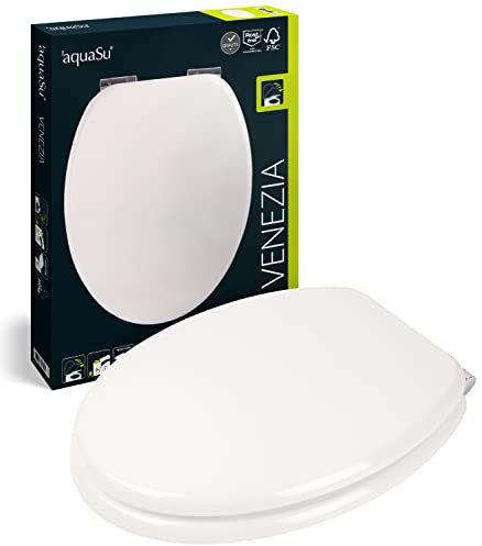 aquaSu® WC-Sitz mit Absenkautomatik Venezia in Weiß, mit robustem Holzkern, Schnellbefestigung Fast-Fix mit Metallscharnier, Toilettendeckel in universaler O Form, ovale Klobrille, Weiß, 40593 5