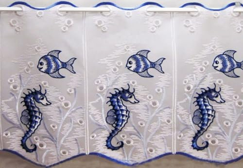 1 Stück Scheibengardine Fische in Blau ca. 16 cm breit, Höhe 33