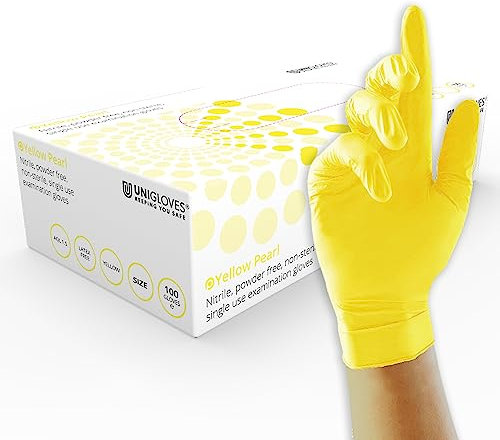 UNIGLOVES Yellow Pearl Nitril-Untersuchungshandschuhe - vielseitig einsetzbar, puderfreie und latexfreie Einweghandschuhe - Box mit 100 Handschuhen, Gelb, Extra groß (GP0115)