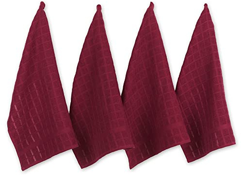 DII Windowpane Dishtowel Set, Cotton, Wine Solid, 16x26
