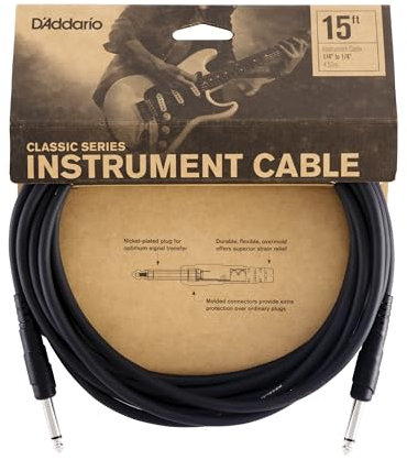 D'Addario Cable de guitarra D'Addario - Cable para Instrumentos de la serie Classic -1/4 Pulg Macho a 1/4 Pulg Macho - 4.572 Metros - Extremo Recto - 1-Paquete
