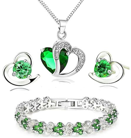 Findout, set bracciale + orecchini + collana con pendente a cuore in cristallo e ametista rossa, rosa, blu, bianca, per donne e ragazze. e Argento, colore: Green Crystal, cod. f497