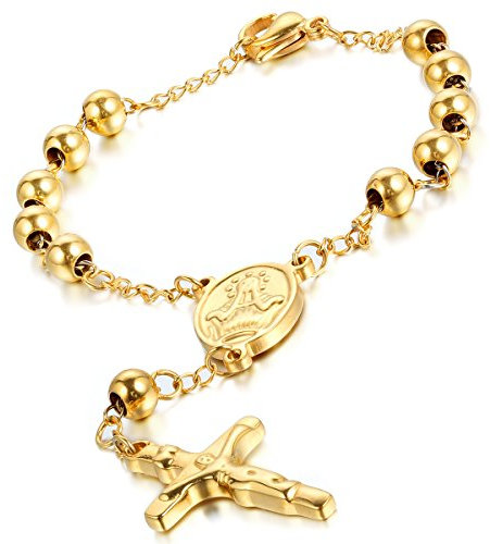 Flongo Edelstahl Armband Armreif Link Handgelenk Gold Jesus Christus Kruzifix Kreuz Kugel Perle Perlen Retro Herren,Damen