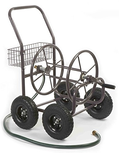 Liberty Garden Residential Grade Four Wheel 250 Foot Capacity Steel Frame Water Hose Reel Cart with Basket for Backyard, Garden, or Home, Brown, Bronze