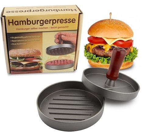 MaxxGoods Burgerpresse Set aus Aluminium Guss Ø 12cm Rund | Hamburgerpresse für Burger, Patties, BBQ | Antihaftbeschichtung | abnehmbarer Holzgriff & Rillen für schnelle Garzeiten | paddy maker