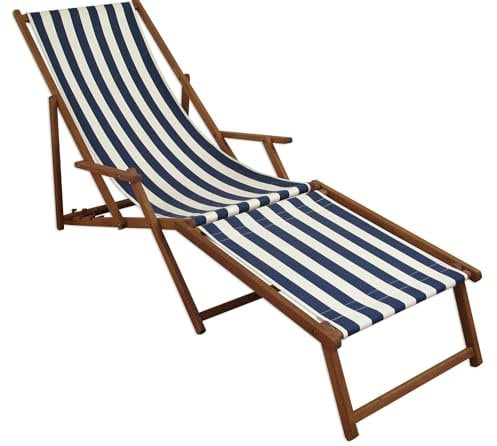 Erst-Holz Liegestuhl blau-weiß Sonnenliege Gartenliege Deckchair Buche dunkel Fußablage klappbar 10-317F