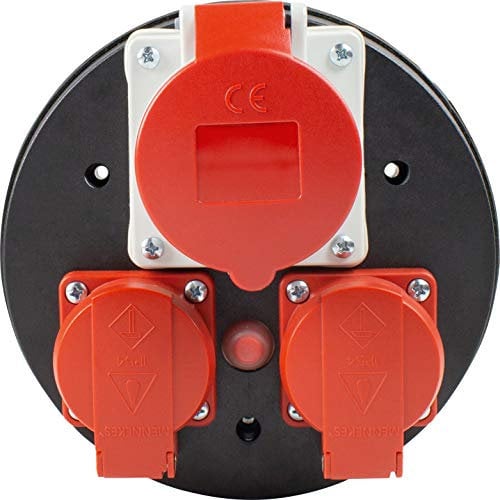 as - Schwabe 3-fach-Steckdoseneinsatz mit 2 Einbausteckdosen 230V/16A mit Klappdeckel, 1 CEE Steckdose 400V/16A/5polig mit Klappdeckel, abgesichert durch Thermoschutzschalter, IP44, Schwarz, 10975