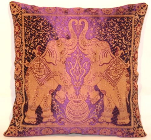 ***Lila*** Indische Banarasi Seide Deko Kissenbezüge 40 cm x 40 cm, Extravaganten Elefant Design für Sofa & Bett Dekokissen, Kissenhülle aus Indien (Angebot gültig nur für ein Woche)