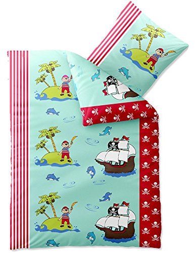 CelinaTex Biber Kids Bettwäsche 135 x 200 cm 2teilig Baumwolle Biber Pirat Jungen Schiff blau rot weiß