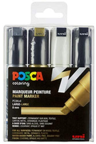 Posca - PC8K - Broad Tip Pen - Gold, Silber, Schwarz und Weiß, 4 Stück