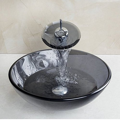 GOWE Black Glass Washbasin Tempered Glass Sink with Brass Faucet Glass Bathroom Sink Set