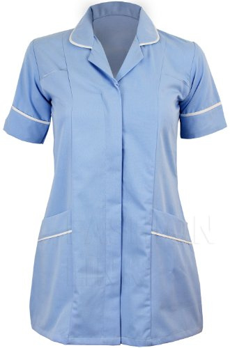 Fashion Link Womens Healthcare Tunic Round Collar Nurses Uniform Maid Dresses With Highlighted Trimming (8, Sky Blue)